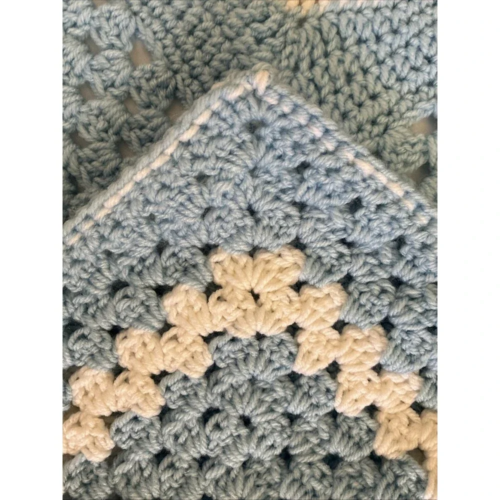 Snowman Crocheted Hand Knit Afghan Throw Blanket 49x41” Baby Blue Winter Holiday